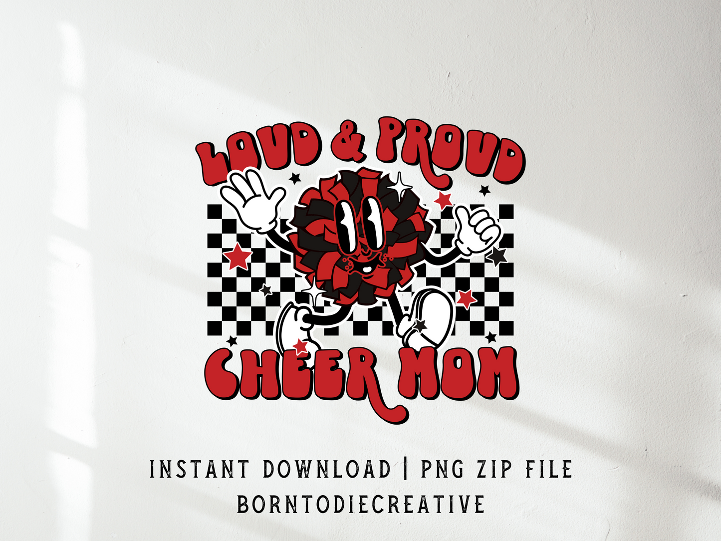 Loud & Proud Cheer Mom Retro Vintage Cartoon Mascot Checkered Sublimation Silhouette Graphic Design | Instant Download | Png Zip File | Clipart Circuit Print Transfer Cut File