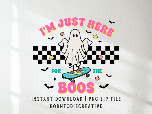 I’m Just Here For The Boos Retro Vintage Ghost Stars Bats & Checkered Halloween Sublimation Silhouette Graphic Design | Instant Download | Png Zip File | Clipart Circuit Print Transfer Cut File