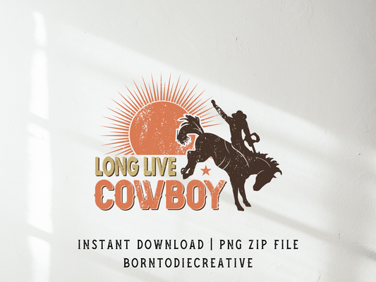 Long Live Cowboy Retro Western Desert Bucking Horse Sunset Sublimation Graphic Design | Instant Download | Png Zip File | Clipart Circuit Print Transfer Cut File