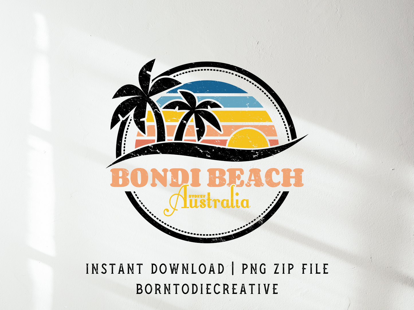 Bondi Beach Australia Retro Vintage Ocean Surfer Palm Tree Sunset Sublimation Silhouette Graphic Design | Instant Download | Png Zip File | Clipart Circuit Print Transfer Cut File