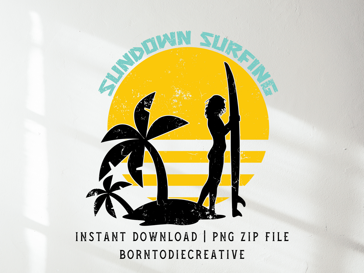 Sundown Surfing Girl Retro Vintage Summer Beach Palm Tree Sublimation Silhouette Graphic Design | Instant Download | Png Zip File | Clipart Circuit Print Transfer Cut File