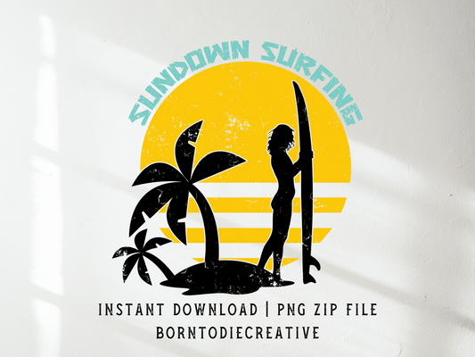 Sundown Surfing Girl Retro Vintage Summer Beach Palm Tree Sublimation Silhouette Graphic Design | Instant Download | Png Zip File | Clipart Circuit Print Transfer Cut File