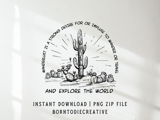 Wanderlust Is A Strong Desire Or Impulse To Wonder Or Travel & Explore The World Retro Wester Desert Cactus Cowboy Country Landscape Sublimation Graphic Design | Instant Download | Png Zip File | Clipart Circuit Print Transfer Cut File