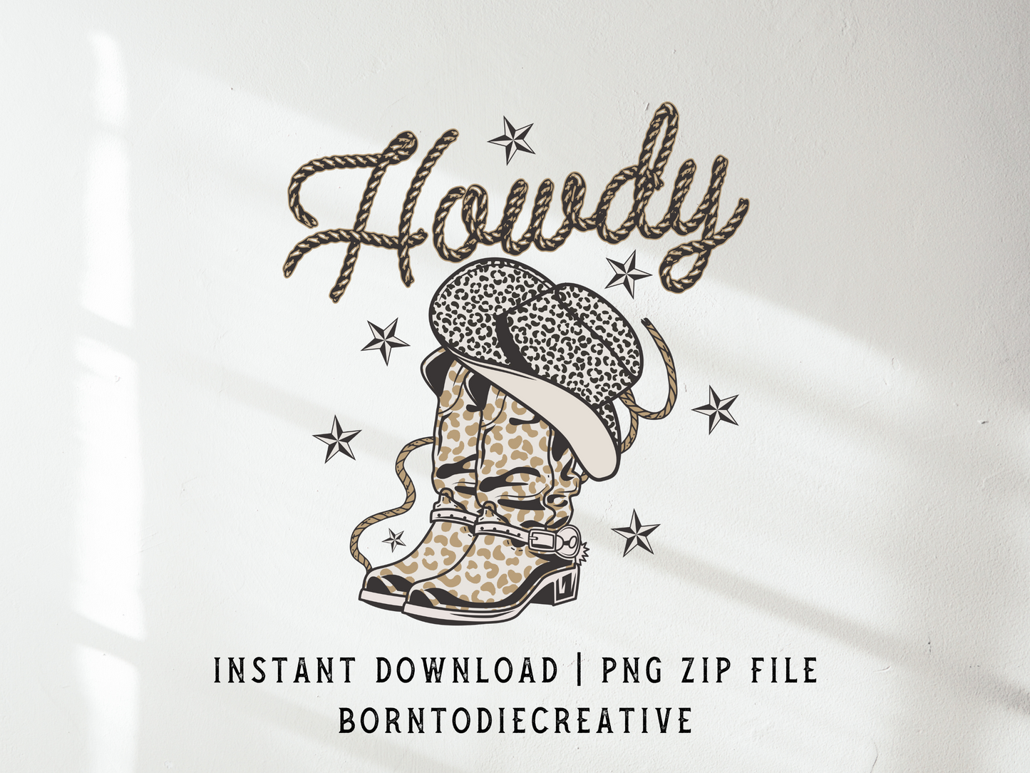 Howdy Retro Western Cowgirl Rope, Hat & Boots Cheetah Print Sublimation Graphic Design | Instant Download | Png Zip File | Clipart Circuit Print Transfer Cut File