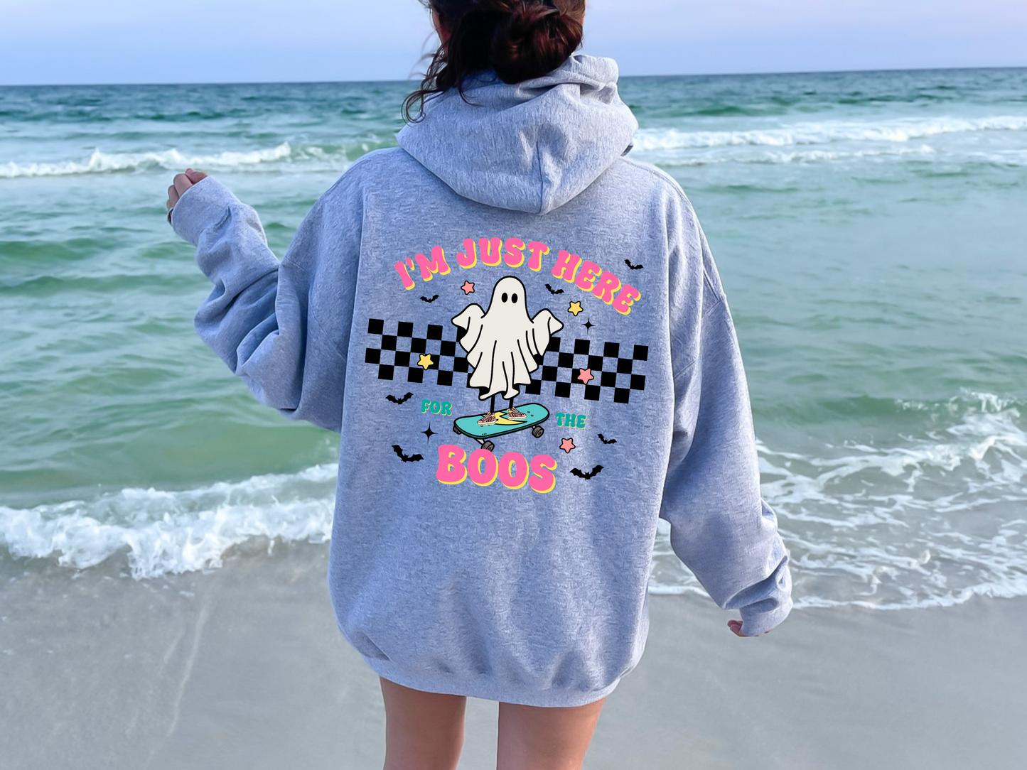 I’m Just Here For The Boos Retro Vintage Ghost Stars Bats & Checkered Halloween Sublimation Silhouette Graphic Design | Instant Download | Png Zip File | Clipart Circuit Print Transfer Cut File